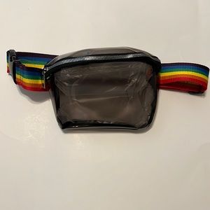 Clear black Fanny pack with rainbow strap great for everyday or concerts